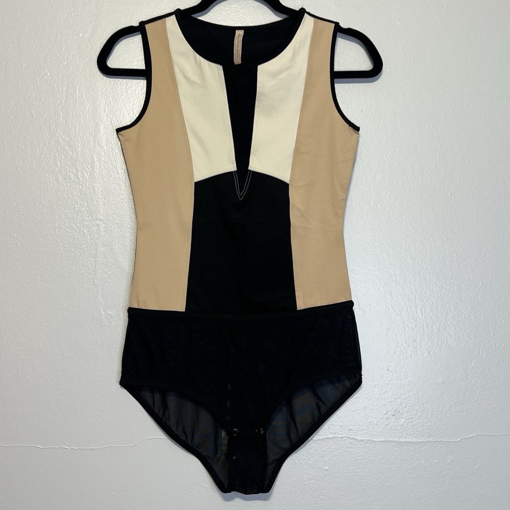 WEAR IN‎ GOOD HEALTH Bodysuit Luxury sz S Color Block Black Tan MESH